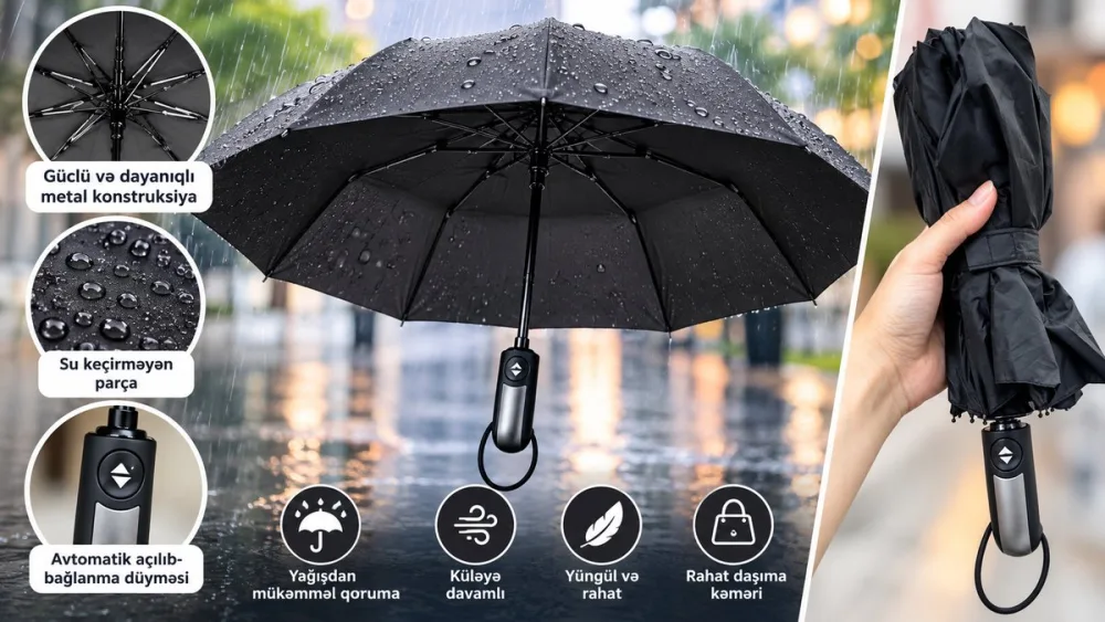 Avtomatik Açılan Qara Çətir – 120 sm ☔