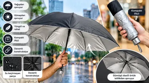 Kompakt Qatlanan Çətir – Gümüşü/Qara ☔