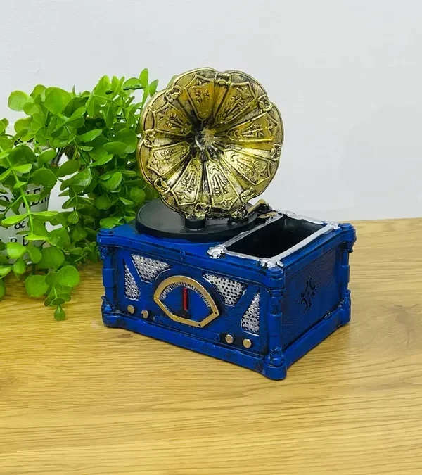 Retro Qramofon Dizaynlı Mavi Suvenir Kassa Qələm Qabı (19x14 sm) - Grido hədiyyə mağazası
