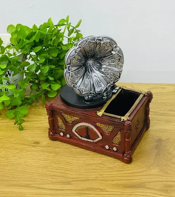 Retro Qramofon Dizaynlı Qəhvəyi Suvenir Kassa Qələm Qabı (19x14 sm) - Grido hədiyyə mağazası
