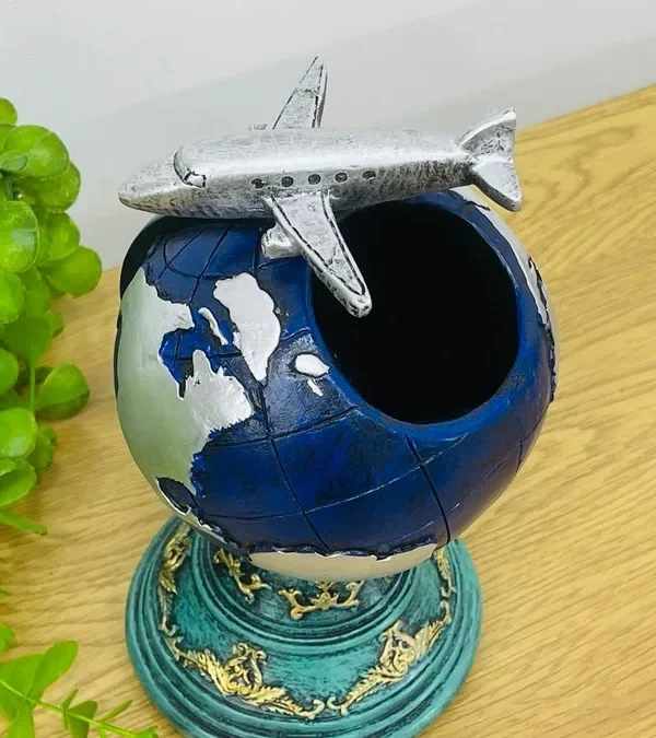 Təyyarə Detallı Mavi Qlobus Dizaynlı Masaüstü Dekor ( 22 x 12 sm ) - Grido hədiyyə mağazası