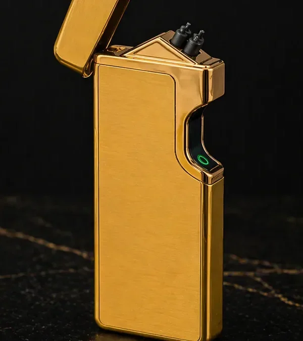 USB Şarjlı Elektron Alışqan Qızılı 6028, İkili Qığılcım Alışqan, Sensorlu Elektrik Alışqan, Küləyə Davamlı Metal Alışqan - Grido hədiyyə mağazası