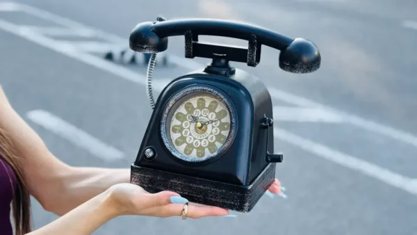 Retro Telefon Formalı Qara Saat Metal 26 x 23 sm - Grido hədiyyə mağazası