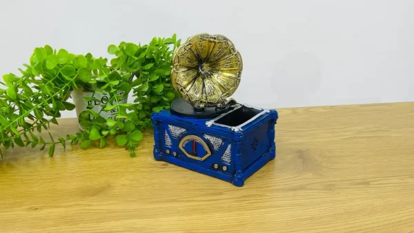 Retro Qramofon Dizaynlı Mavi Suvenir Kassa Qələm Qabı (19x14 sm) - Grido hədiyyə mağazası